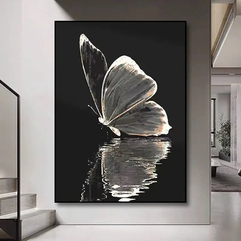 Beautiful Picture Handmade White Butterfly Black Background Hand Painted Oil Painting On Canvas Wall Art Poster For Living Room Peaceful Pleasures Health and Wellness No frame 50cmx60cm