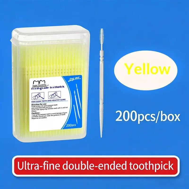 High-end Disposable Toothpick Brush 200pcs Ultra-fine Portable Family Box Double-head Sticks Toothpick Peaceful Pleasures Health and Wellness Yellow