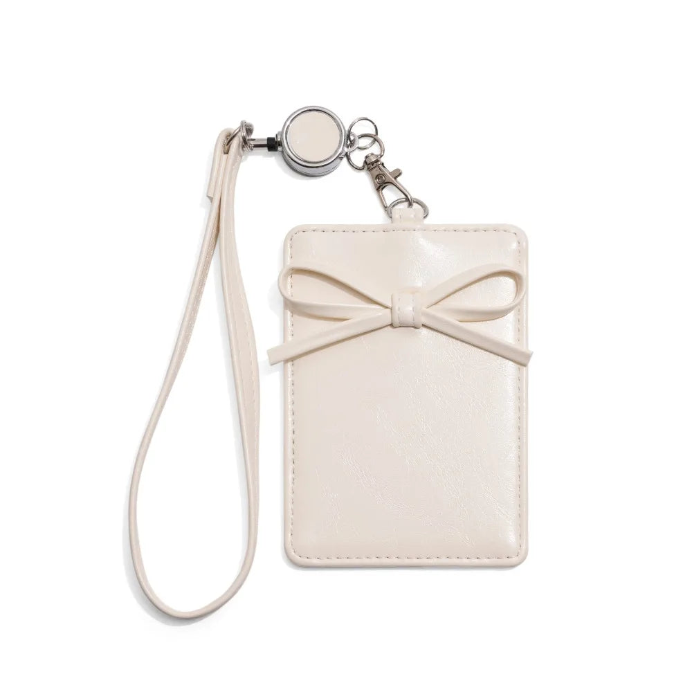 PU Leather Bow Leather Card Holder Bowknot Name Tag Work Card Cover Scalable Retractable Bus ID Holders Men Women Peaceful Pleasures Health and Wellness White