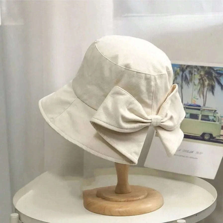 1-Piece Solid Color Bow-Shaped Sun Hat for Women, Summer Japanese Style Casual Hepburn Style Sun Hat with Bow, Versatile Wide-Brimmed Sunshade Peaceful Pleasures Health and Wellness