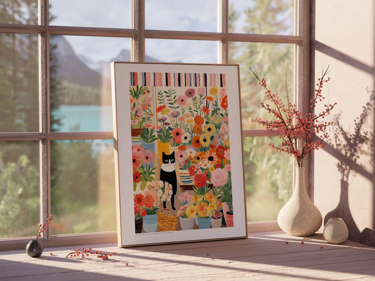 Black & White Cat Poster with Flowers | Floral Cat Wall Art