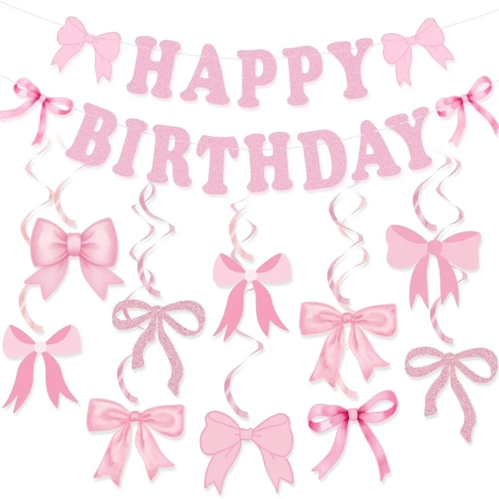 Bow Theme Happy Birthday Banner & Balloon Decoration Set