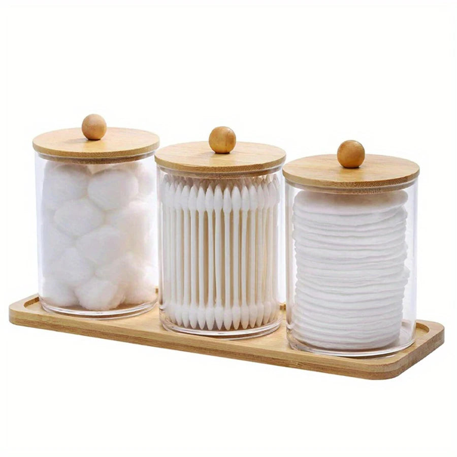 Clear Apothecary Qtip & Cotton Ball Holder with Vanity Tray – 10 oz Bathroom Organizer