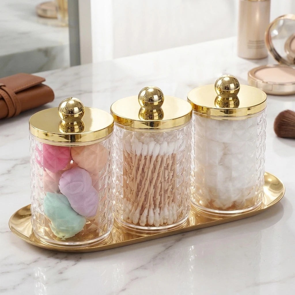 3-Piece Acrylic Q-Tip Holder & Apothecary Jar Set with Vanity Tray – Cotton Organizer with Lids