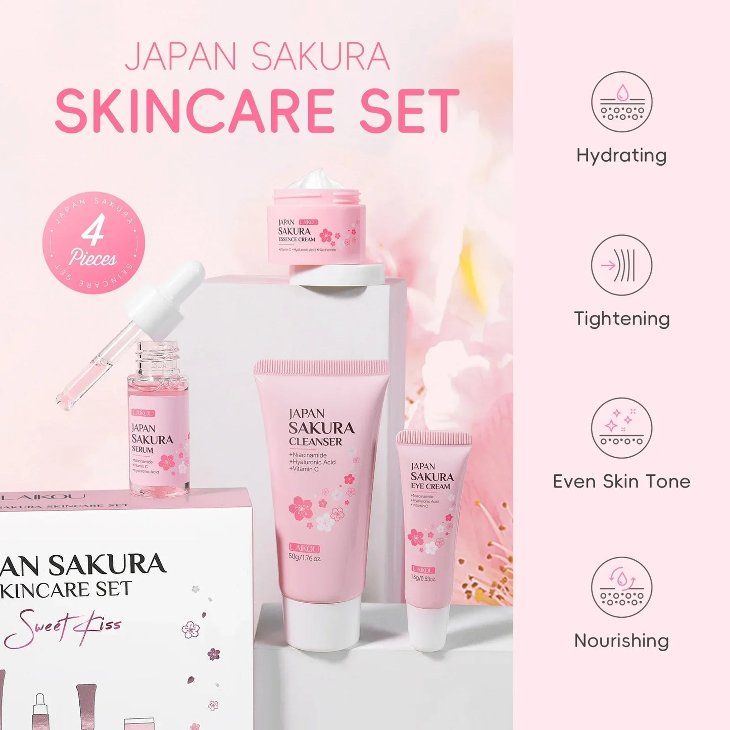 LAIKOU Japanese Sakura 4-Piece Brightening Skincare Set