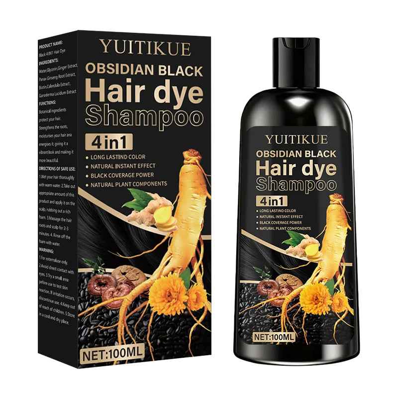 Obsidian black hair dye shampoo 4-in-1, long-lasting color, natural instant effect, black coverage, natural plant ingredients Peaceful Pleasures Health and Wellness 100ml