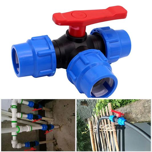 PE Pipe 3-Way Ball Valve 20 25 32 40 Plastic Garden Household Peaceful Pleasures Health and Wellness 20mm