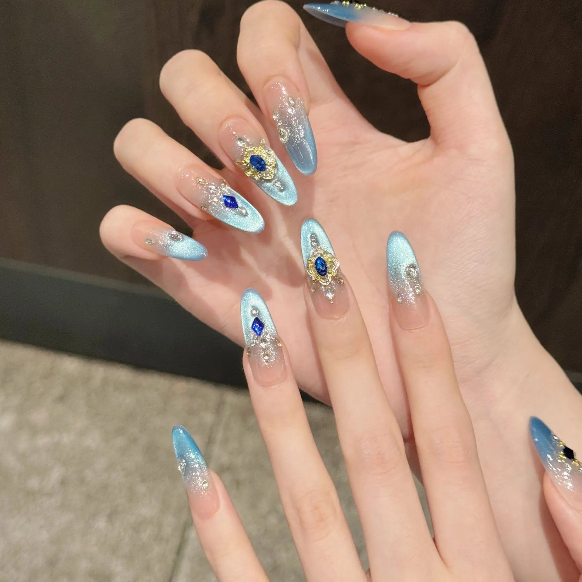10PCS Handmade Press on Nails Light Luxury Fake Nails Ice Blue Cat Eye French Tip Wearable Flash Diamond Decor Almond False Nail Peaceful Pleasures Health and Wellness
