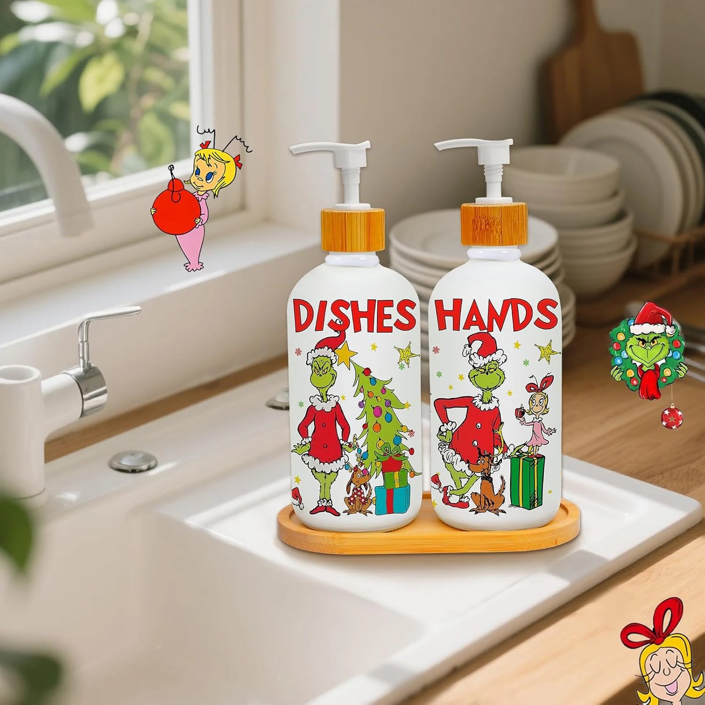 2-Piece Christmas Soap Dispenser Set with Pump & Tray – Refillable Holiday Hand Soap Bottles