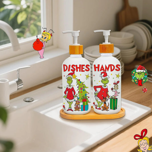 2-Piece Christmas Soap Dispenser Set with Pump & Tray – Refillable Holiday Hand Soap Bottles Peaceful Pleasures Health and Wellness