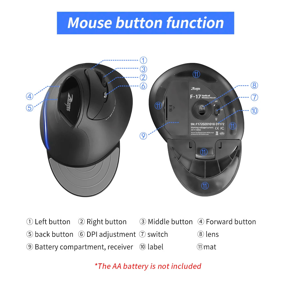 ZELOTES F-17 Vertical Ergonomic Wireless Mouse | 3 DPI, 6 Buttons