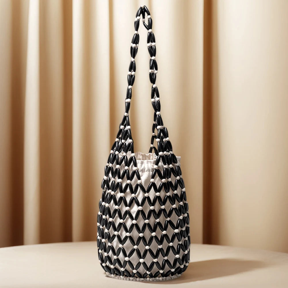 Handmade Wooden Bead Woven Bucket Bag for Women Peaceful Pleasures Health and Wellness black Australia