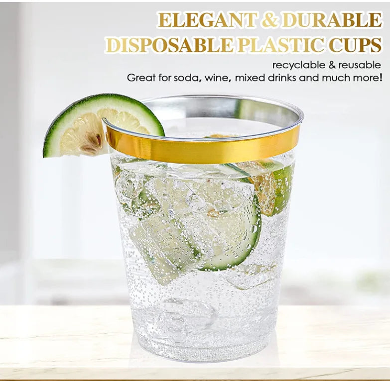 50 Pack Gold Rimmed Plastic Cups 10 oz Clear Tumblers Fancy Disposable Hard Plastic Cups with Gold Rim for Wedding Elegant Party Peaceful Pleasures Health and Wellness
