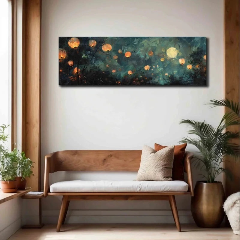 Chinese Lanterns Night Sky Canvas Wall Art | Panoramic Print Canvas Wall Art Print Peaceful Pleasures Health and Wellness