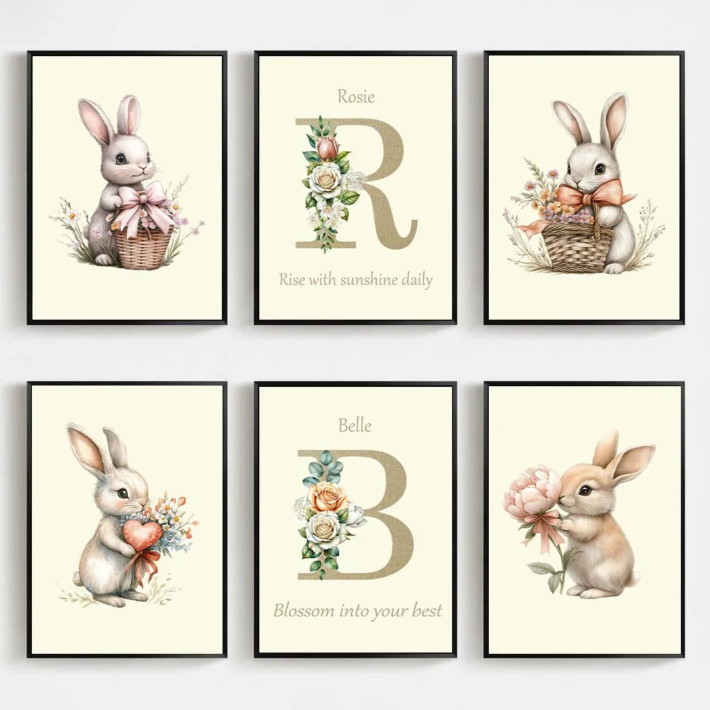 Custom Name Nursery Canvas Art | Bunny Floral Kids Wall Decor Nursery Canvas Print Peaceful Pleasures Health and Wellness