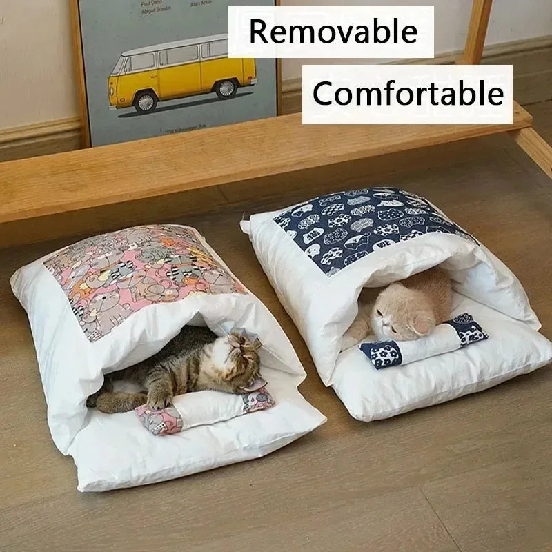 Kawaii Cat Cave Bed | Removable Cover | 100% Cotton | S/M/L