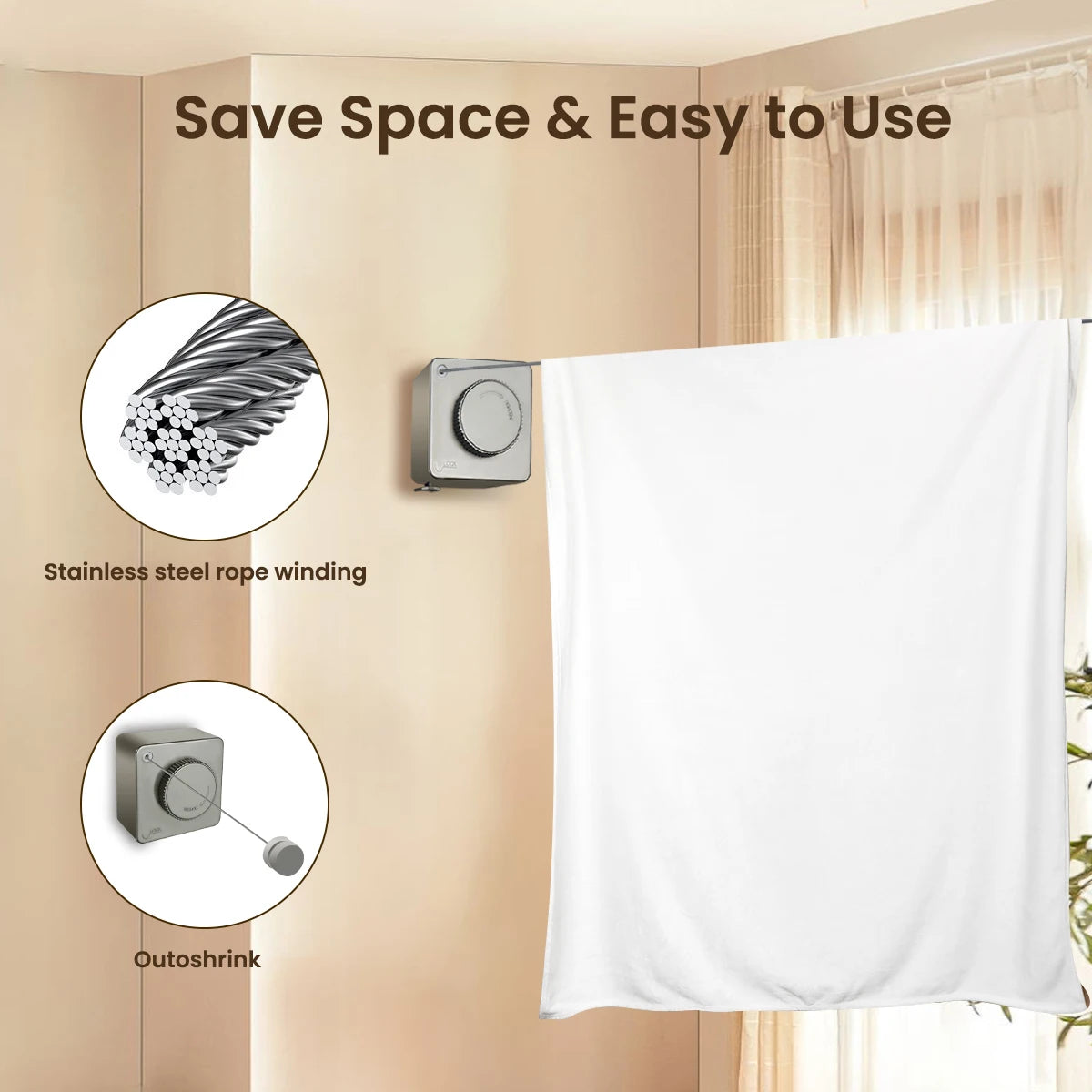 1 Pcs Indoor Retractable Clothesline Non Sagging Outdoor Clothesline Wall Mounted Stainless Steel Rope 15.1 Feet Gray Peaceful Pleasures Health and Wellness