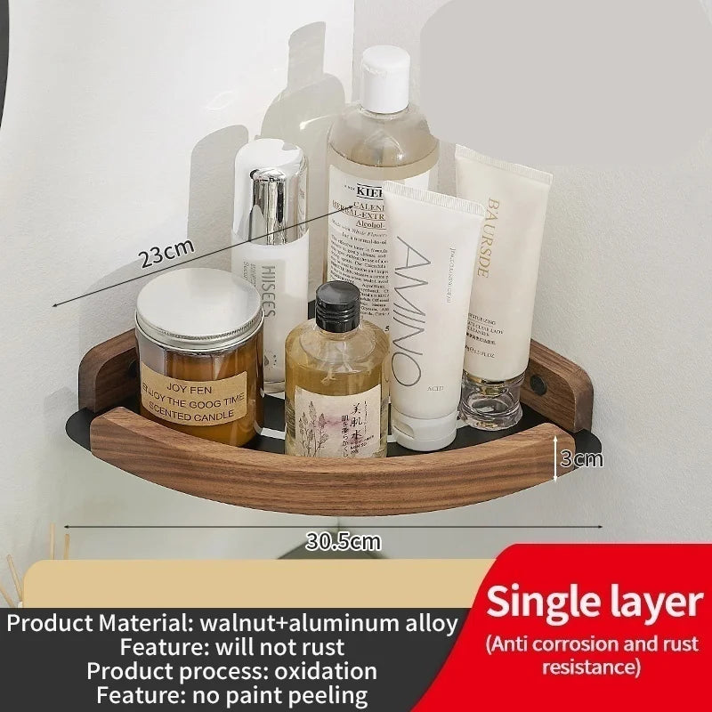 Wood & Aluminum Corner Shower Shelf | Bathroom Wall Organizer