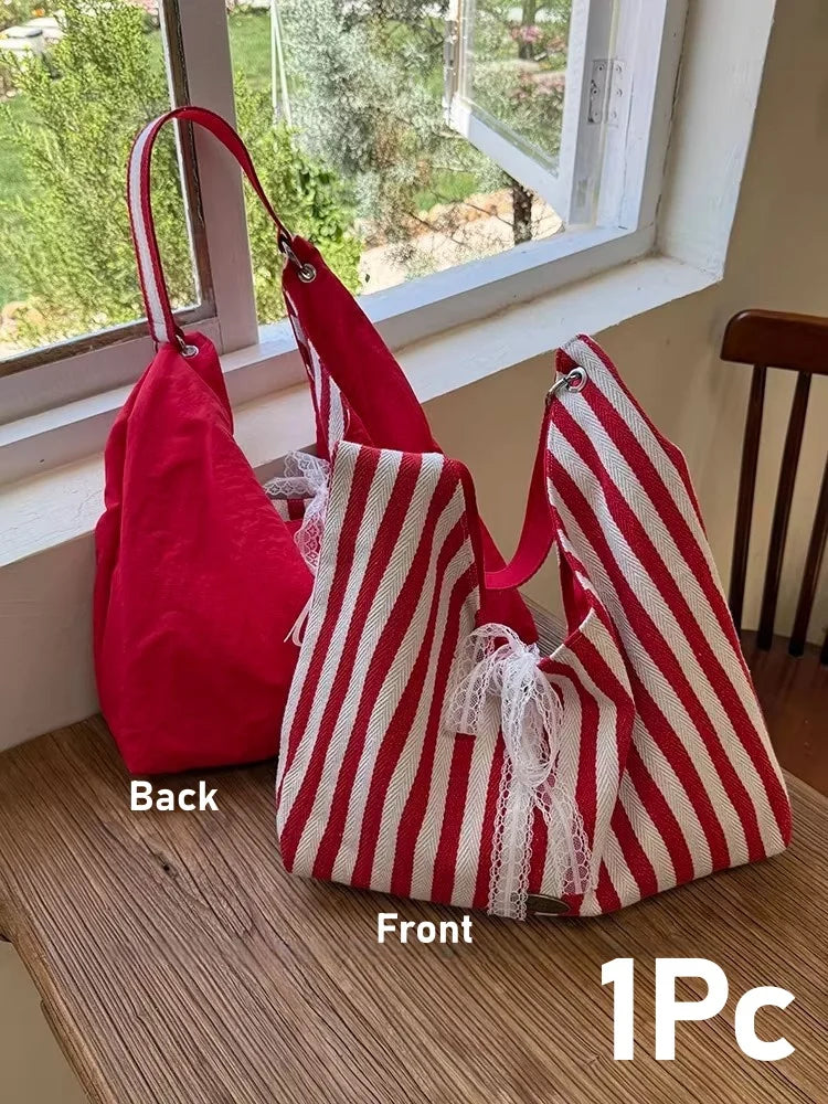 Double-Sided Women's Striped Tote Bag with Lace Bow | Large Tote