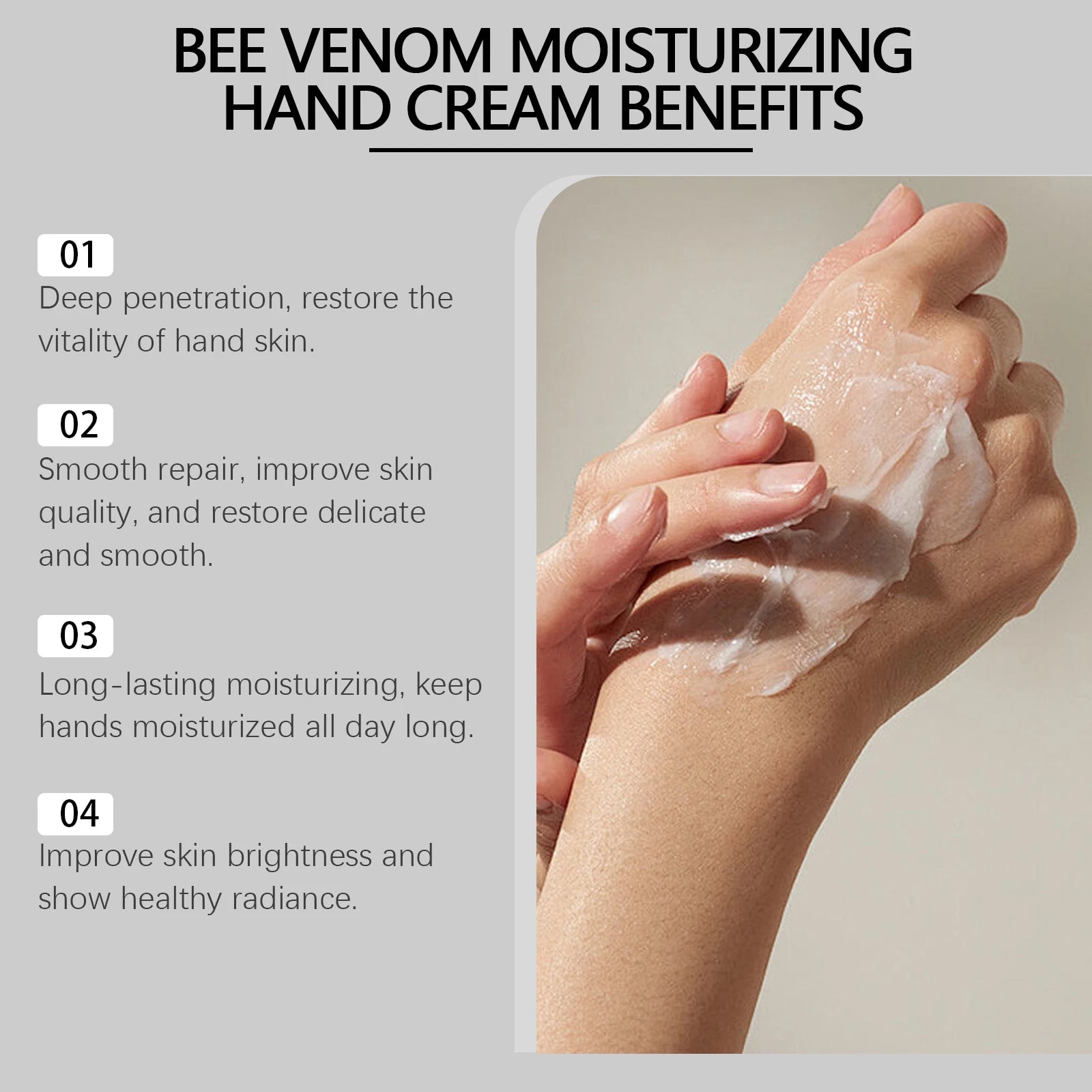 Bee Venom Hand Cream Moisturizing Anti Crack Fast Absorption Non Greasy Nourishing for Dry Cracked Skin Improve Skin Texture Peaceful Pleasures Health and Wellness