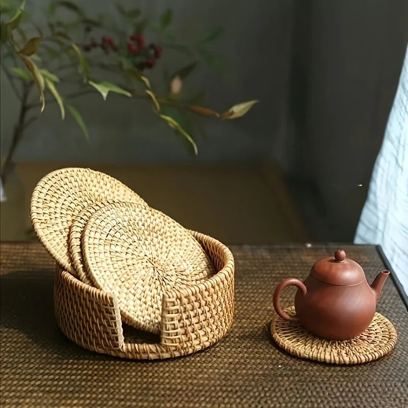 Handcrafted Rattan Bamboo Coaster Set | Heat-Resistant Pot Mat