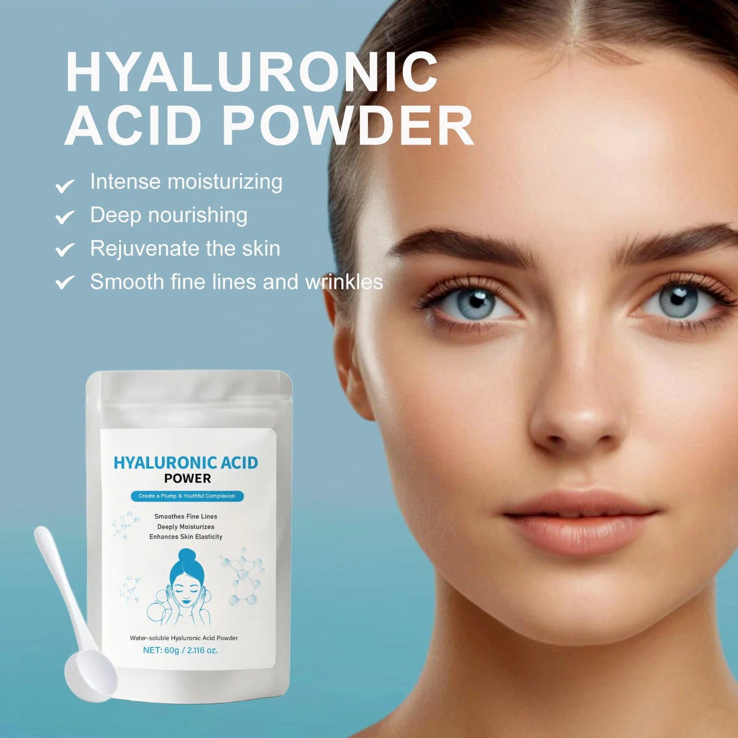 60g Hyaluronic Acid Powder + Spoon Hydrating Smoothing Brighten Nourish Hyaluronic Acid ingredient for DIY Serums,Skin Care Peaceful Pleasures Health and Wellness