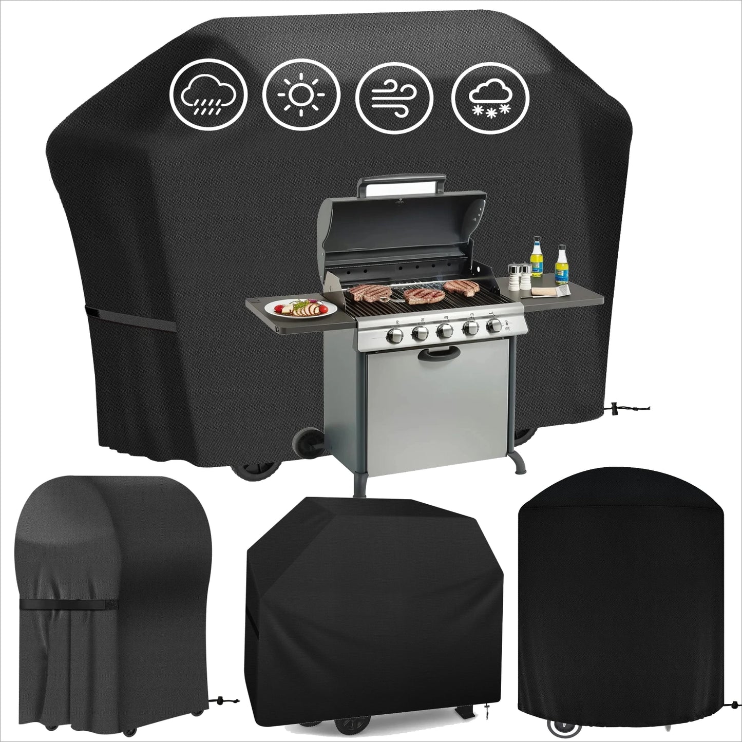 4 Style Large Grill Cover Rip-Proof Garden Waterproof BBQ Gas Furniture Covers Anti-UV Fade Resistant Adjustable Cover Black Peaceful Pleasures Health and Wellness