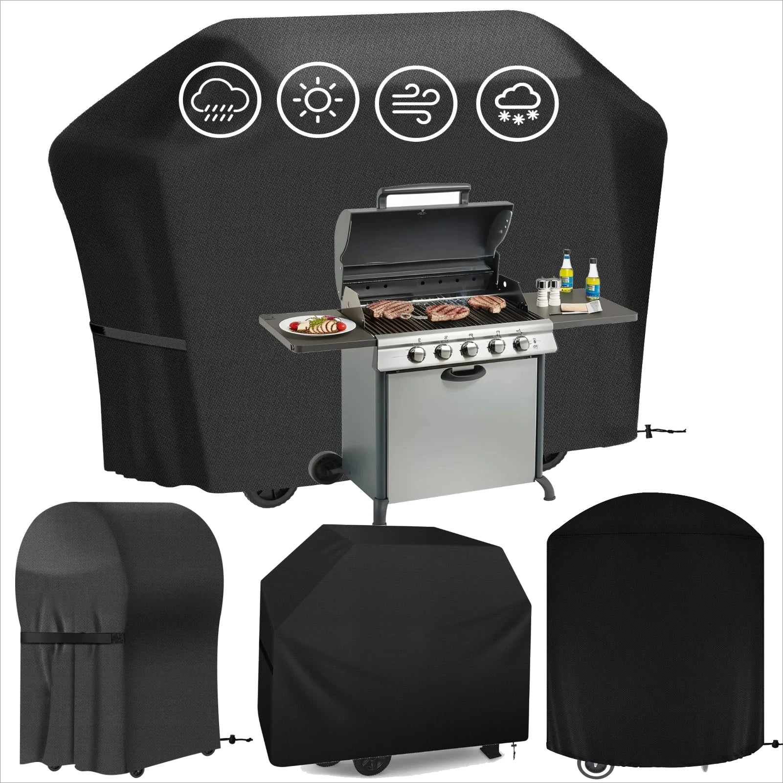 4 Style Large Grill Cover Rip-Proof Garden Waterproof BBQ Gas Furniture Covers Anti-UV Fade Resistant Adjustable Cover Black Peaceful Pleasures Health and Wellness