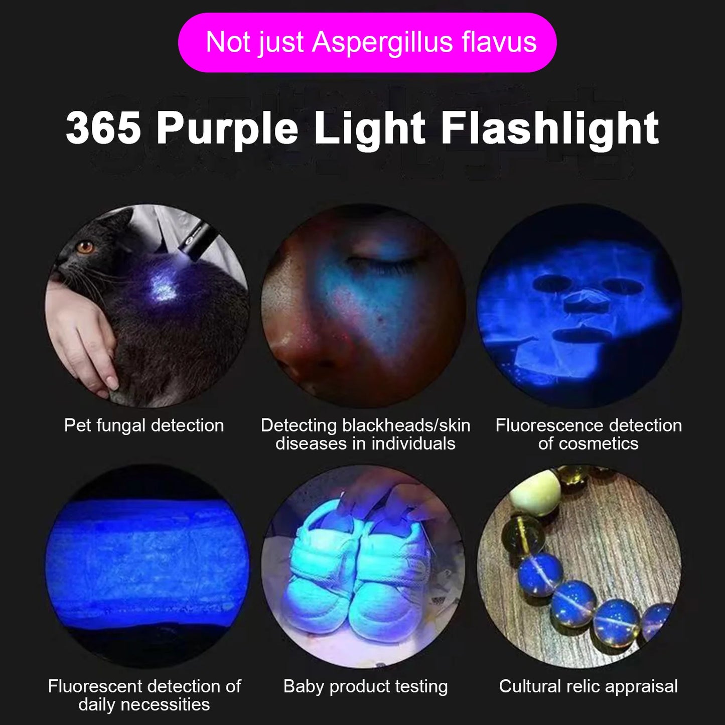 365nm UV Flashlight Pet Fungus Detection Lamp Portable Rechargeable UV Detection Light for Coin Identification Fluorescent Peaceful Pleasures Health and Wellness