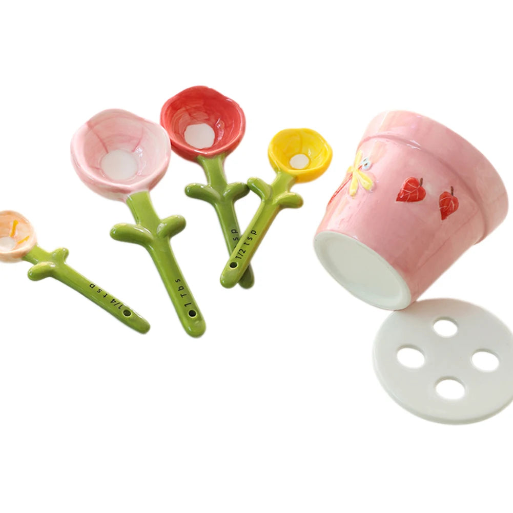 Ceramic Flower Measuring Spoons Holder Set With Holder,Charming Kitchen Decor For Room Decor,For Baking Cooking Accesories﻿ Peaceful Pleasures Health and Wellness