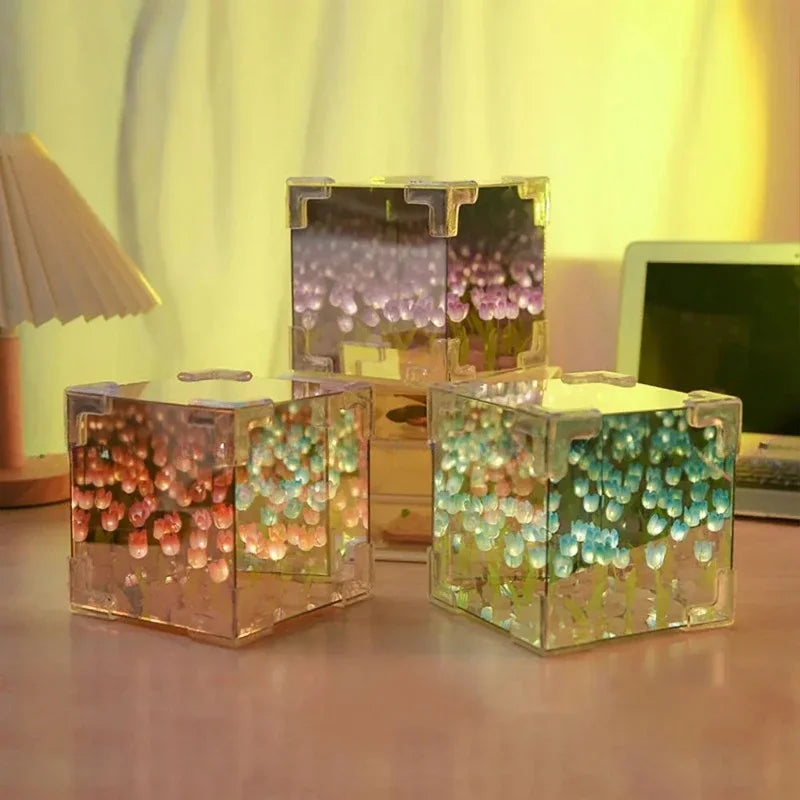 Hot Tulip Nightlight Handmade DIY Material Cube Tulip Mirror Bedroom Decor Atmosphere Lamp Valentine's Day Birthday Gift Peaceful Pleasures Health and Wellness