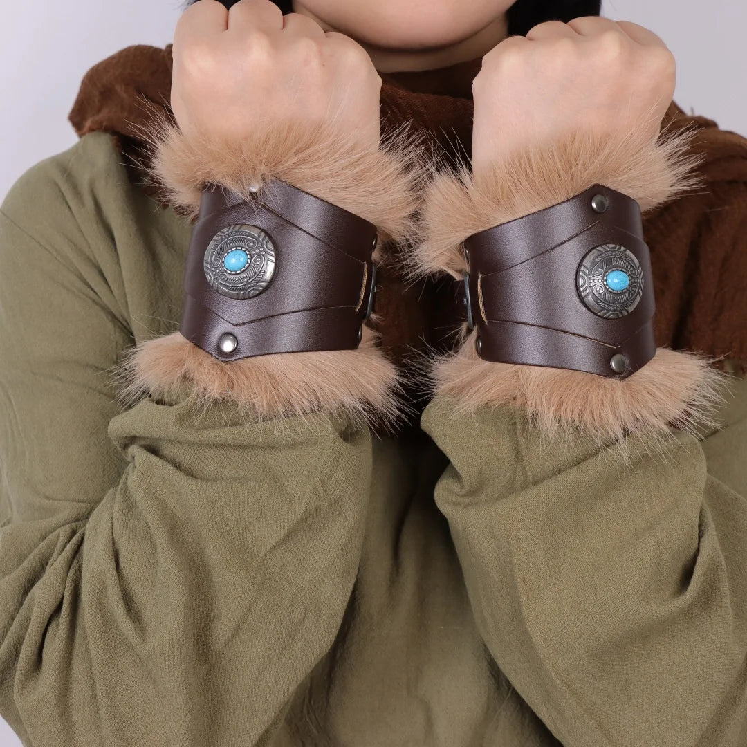 Medieval Knight Bracers Faux Leather Wristwear Furry Trim Retro