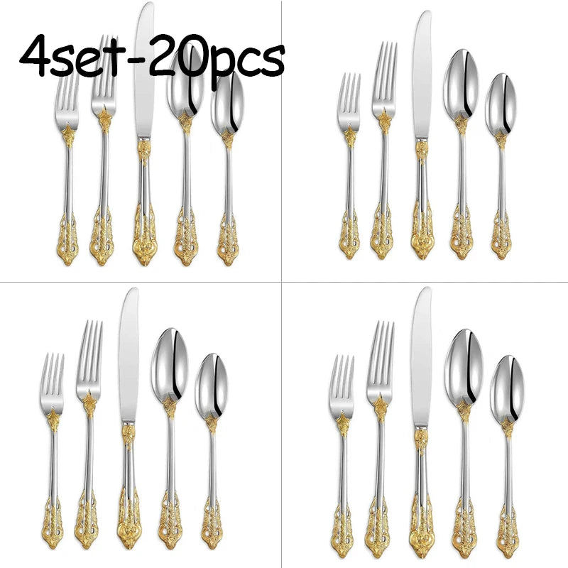 Stainless Steel Dinnerware Sets High-grade Knife Fork And Spoons Cutlery Kits Gold Plated Floral Pattern Tableware Dropship Peaceful Pleasures Health and Wellness 4set silver golden
