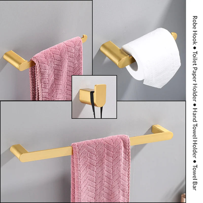 Brushed Gold Bathroom Accessories Set – Towel Bar, Hooks & Holder