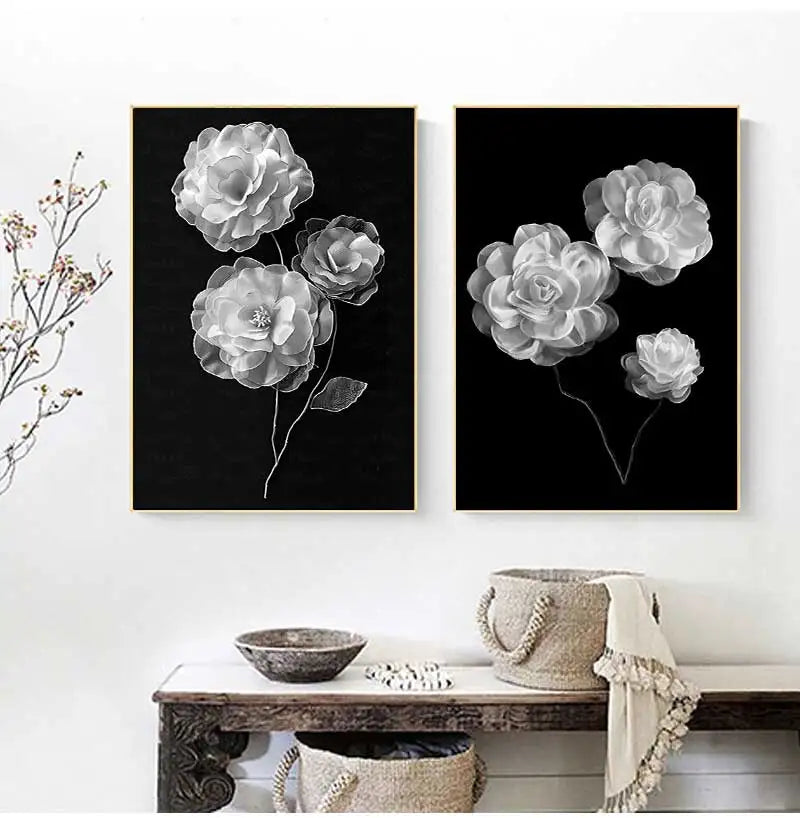 Black & White Floral Canvas Wall Art | Nordic Abstract Poster