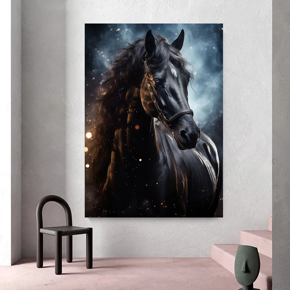 Black horse ， White Horse Canvas Painting,Posters and Prints, Wall ,,Animal Picture for Modern Living Room Home Decoration Peaceful Pleasures Health and Wellness