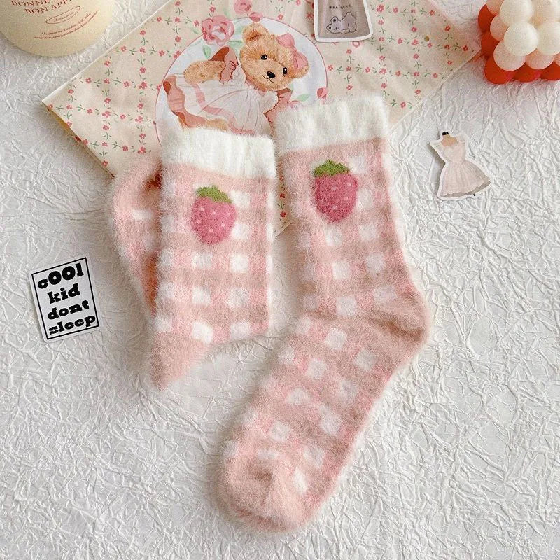 Rabbit Velvet Socks Children's Autumn and Winter Thick Warm Socks Floor Socks Plush Soft Breathable Pink Strawberry Girl Socks Peaceful Pleasures Health and Wellness Style 2 One Size