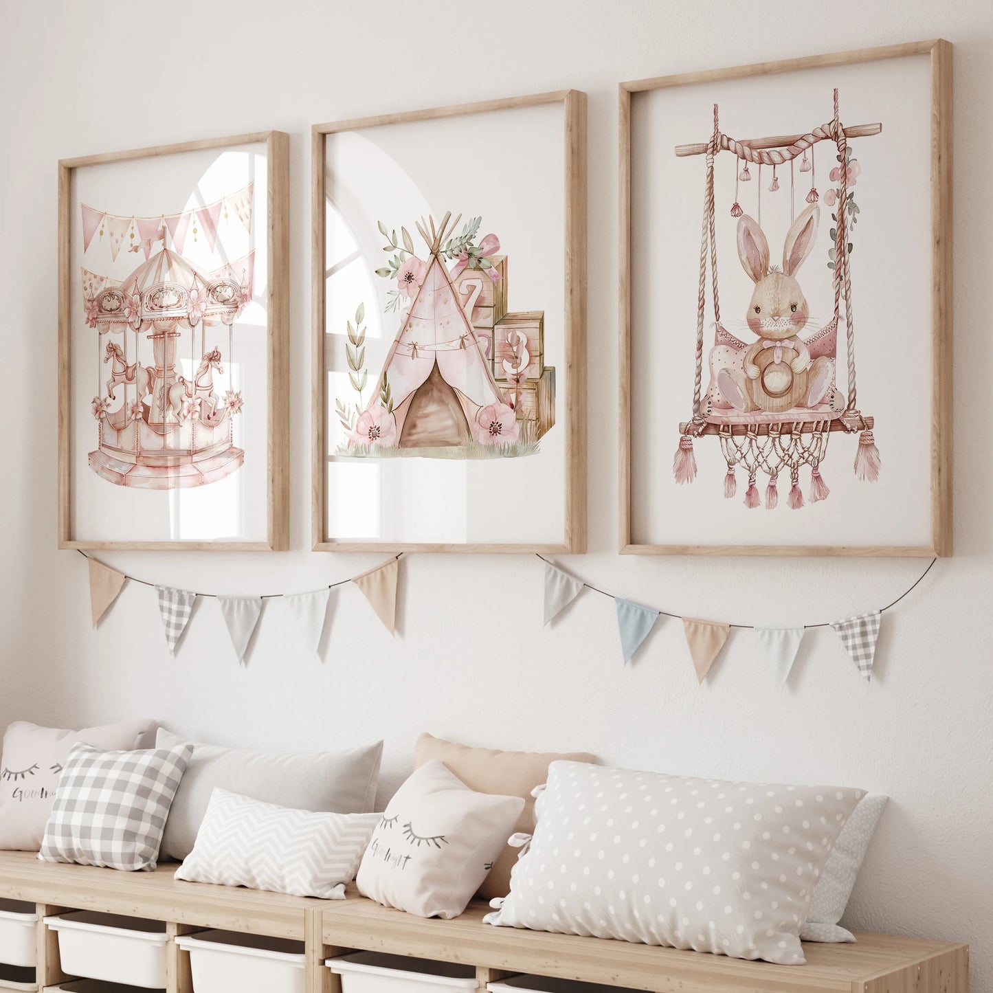 Pink Bunny Carousel Canvas Wall Art | Kids Room Decor Print