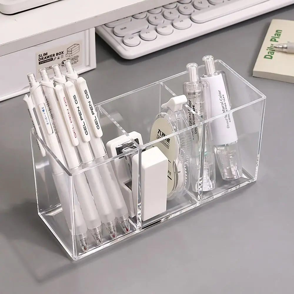 Desk Stationery Storage Pen Holder Transparent 3 Grids Pen Storage Box INS Style Large Capacity Pencil Container Students Peaceful Pleasures Health and Wellness