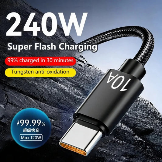 240W USB-C Fast Charging Cable | Nylon Braided 1M 2M 3M USB-C Charging Cable Peaceful Pleasures Health and Wellness black 2m