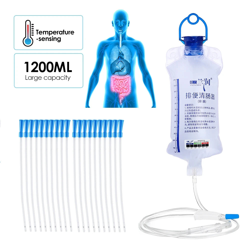 Rectal Enema for Cleaning 1200ml Temperature-sensing Colon Cleanse Enema Bags Safety Health Household Feminine Hygiene Flushing Peaceful Pleasures Health and Wellness with 20pcs Flushing