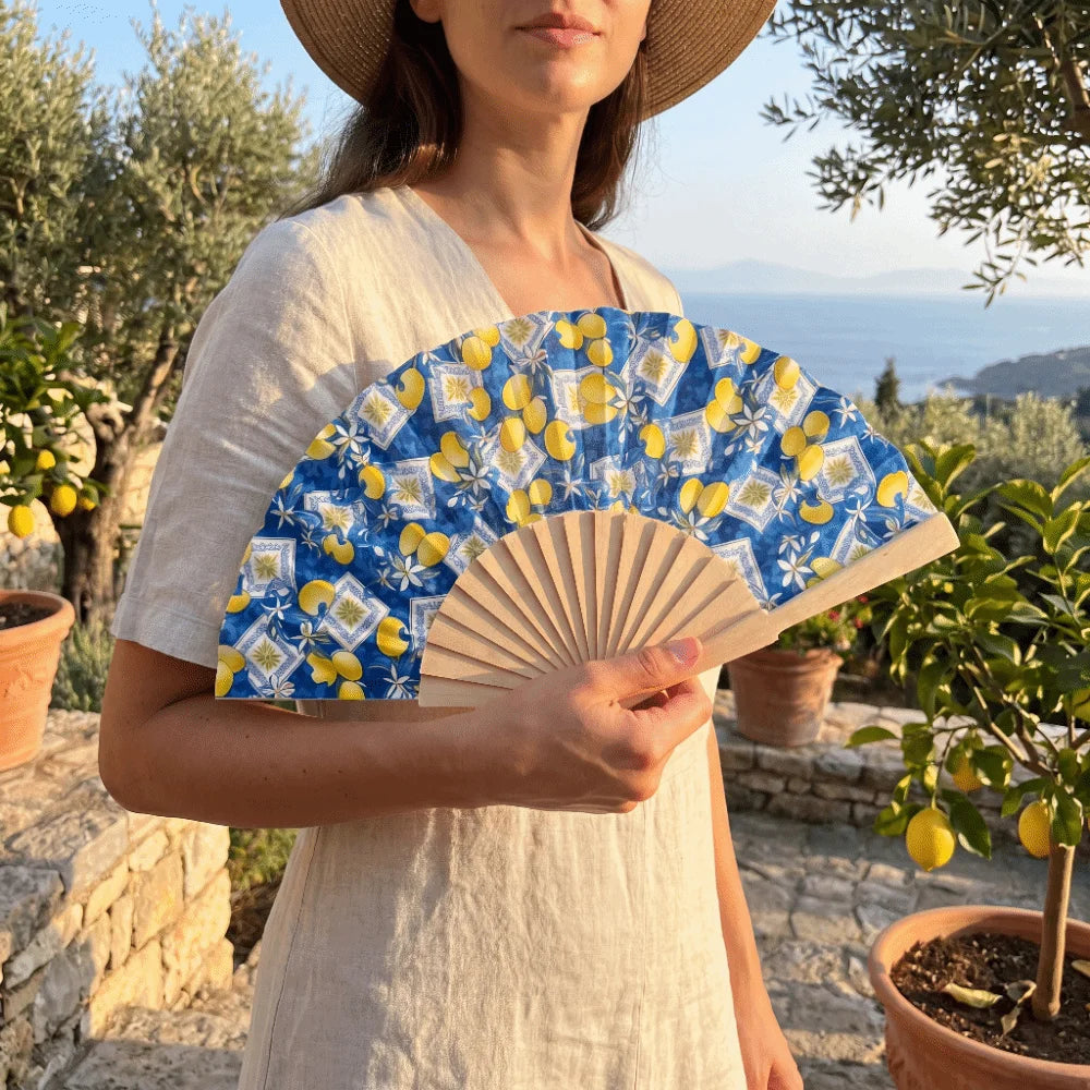Lemon Print Folding Hand Fan | Wooden Handle Chinese Style Folding Hand Fan Peaceful Pleasures Health and Wellness