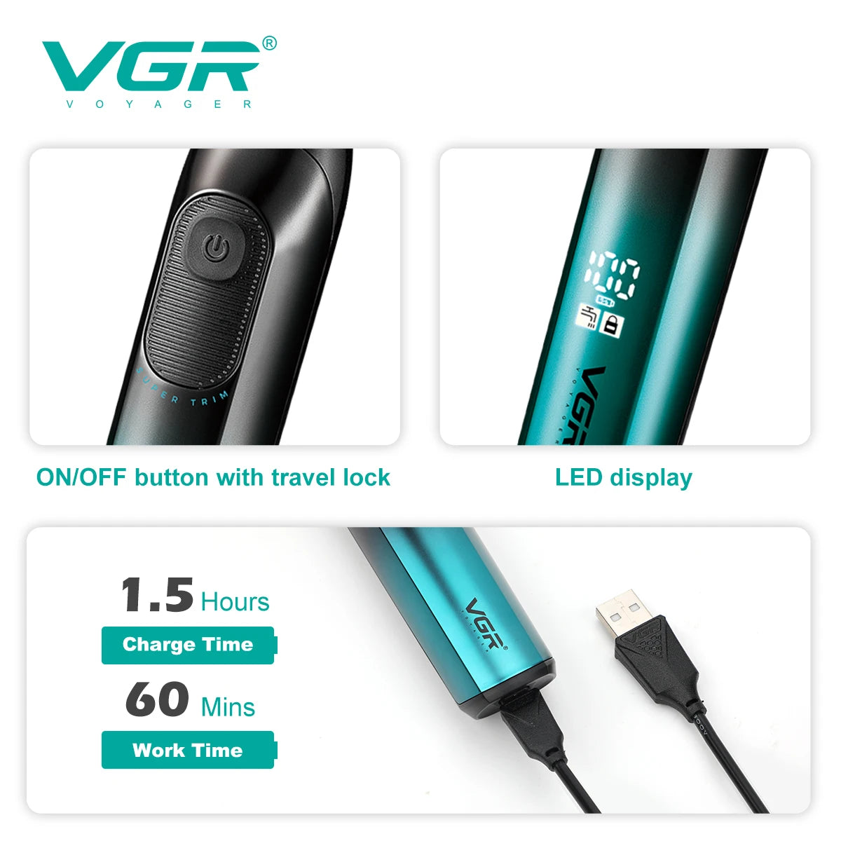 VGR new hair remover 3-in-1 hair trimming set gradient color household shaver IPX6 waterproof intelligent digital shaver V-361 Peaceful Pleasures Health and Wellness