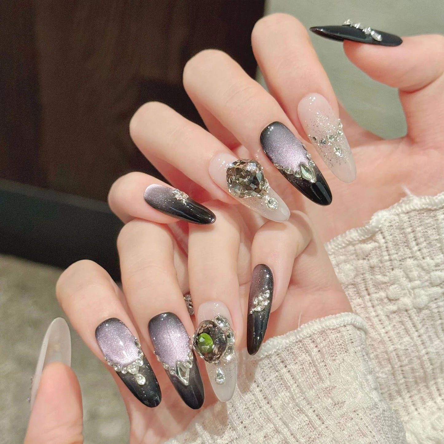 10pcs Handmade Press on Nails Light Luxury Flash Purple Cat's Eye Fake Nails Wearable Shiny Diamond Decor False Nails Almond Tip Peaceful Pleasures Health and Wellness XS