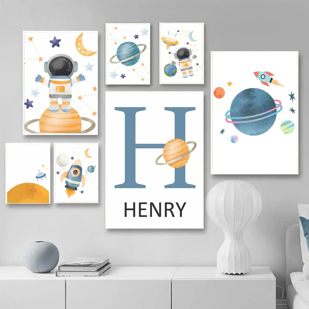 Rocket Astronauts Planet Outer Space Name Custom Wall Art Pictures Printed On Canvas Nordic Posters For Children's Room decora Peaceful Pleasures Health and Wellness