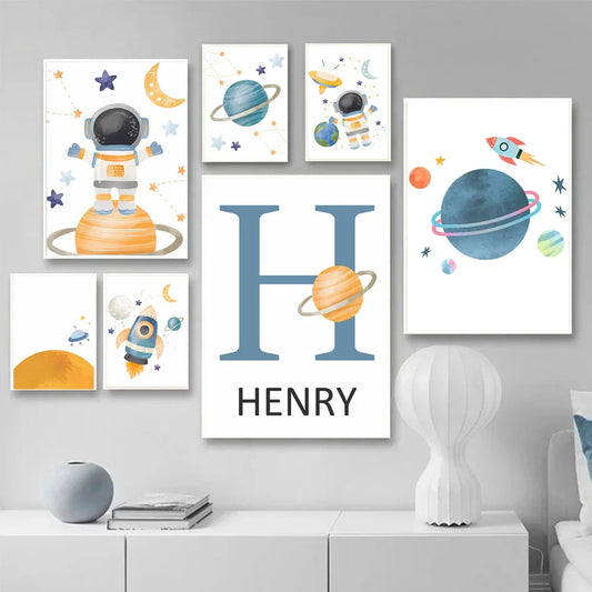 Rocket Astronauts Planet Outer Space Name Custom Wall Art Pictures Printed On Canvas Nordic Posters For Children's Room decora Peaceful Pleasures Health and Wellness