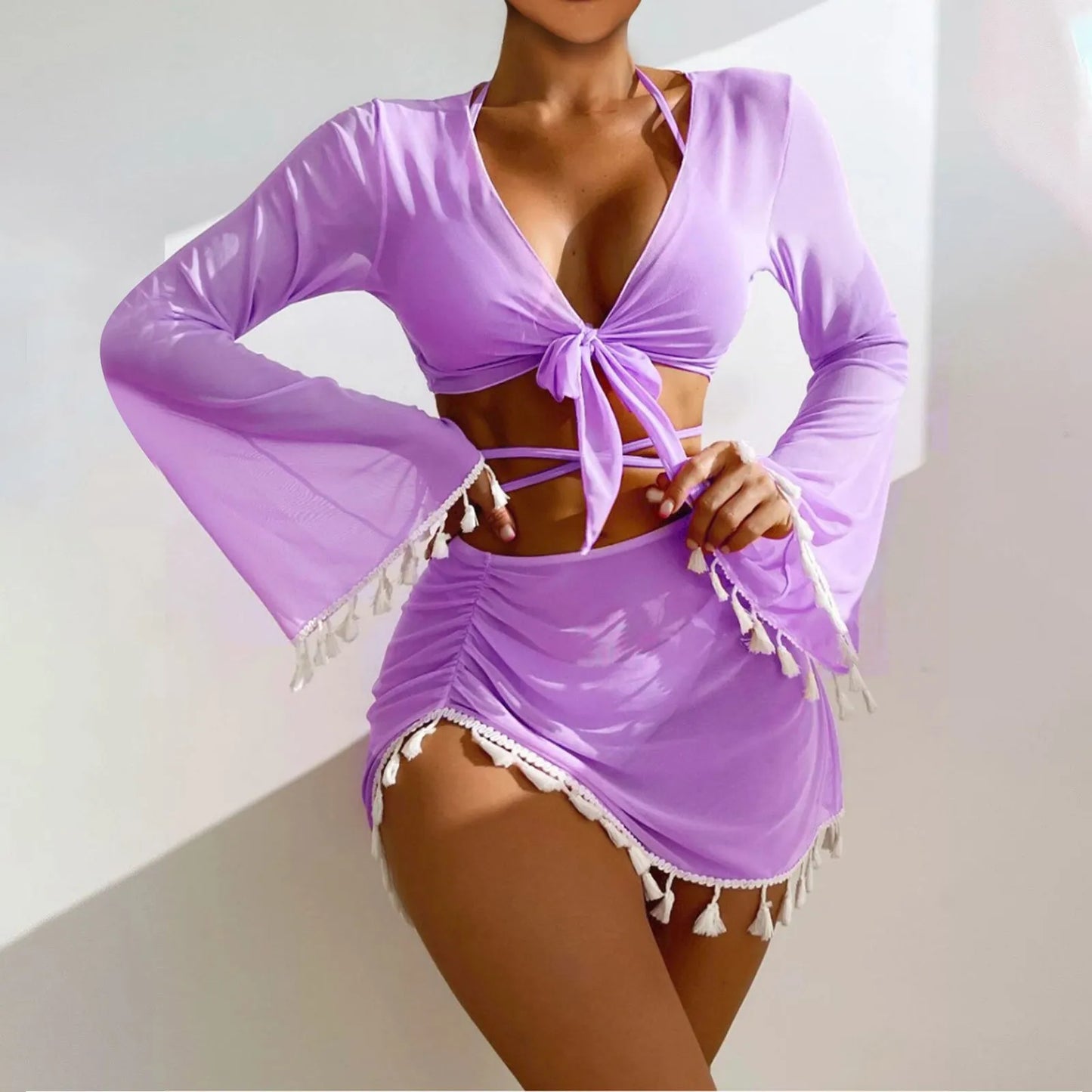 Solid Color Sexy Fashion Slim Fitting Beach Swimwear For Lady Split Lightweight Strap High Waist Pleated Cover-up Four-Piece Set Peaceful Pleasures Health and Wellness Purple M