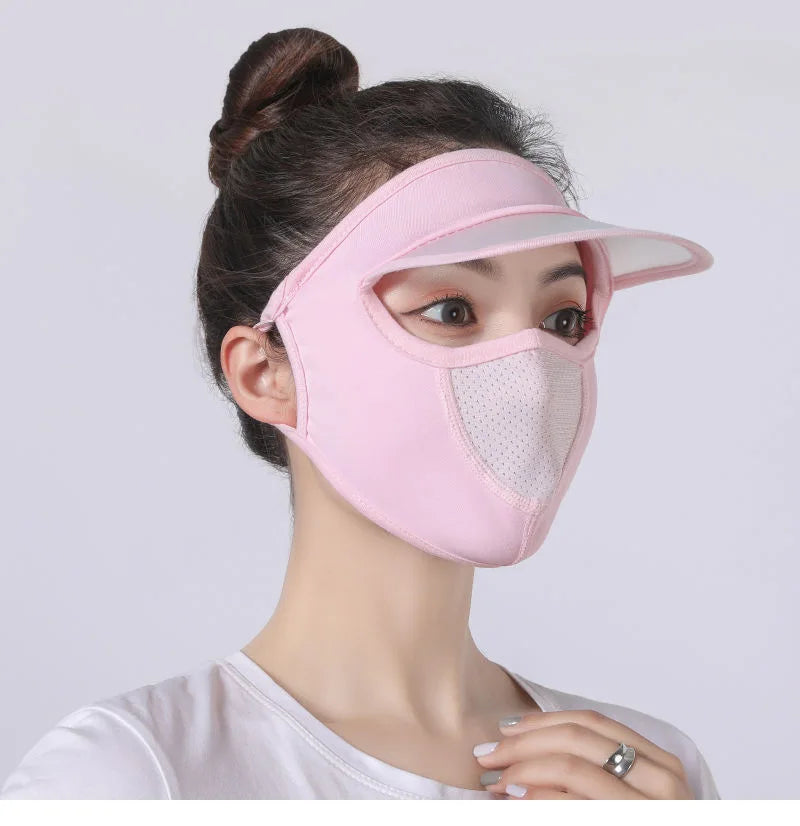 Ice Silk Mask for Outdoor Cycling UV Protection Breathable Face Cover with Brim Quick-drying Hanging Ear Headband Hat Mask Peaceful Pleasures Health and Wellness pink