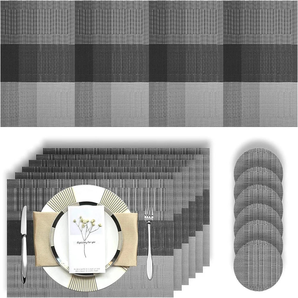 PVC Placemats Set Washable Dining Table Mats Set Tear-proof Heat Resistant 6 x Place Mats 6 x Coasters and 1 x Table Runner Peaceful Pleasures Health and Wellness Grey Black