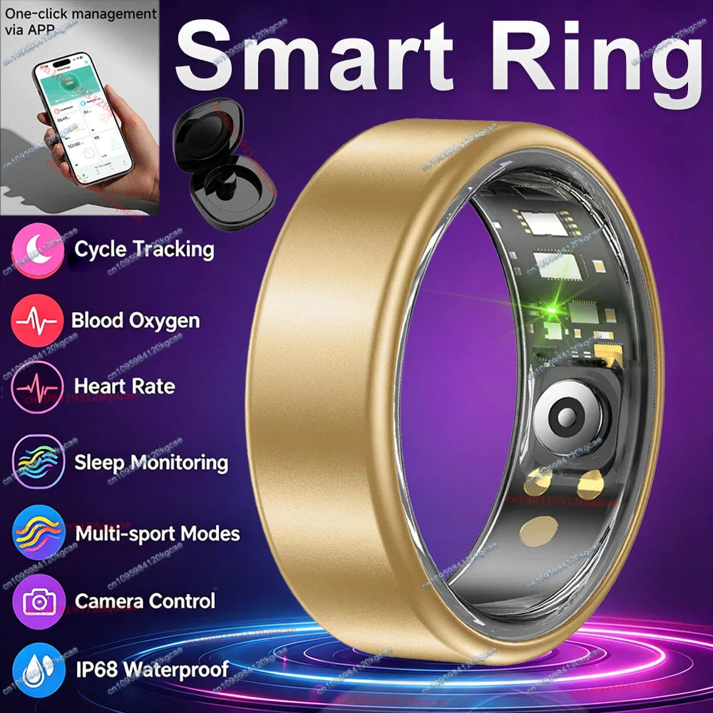 2026 New Smart Ring Heart Rate Blood Oxygen Sleep Monitoring Motion Tracking IP68 Waterproof Men Women Smart Rings Holiday Gifts Peaceful Pleasures Health and Wellness Gold 14